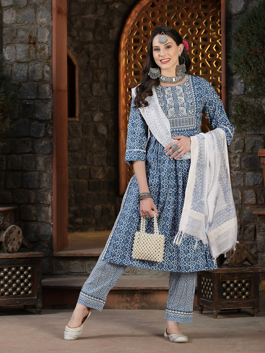 Stylum Women's Printed & Embroidered Cotton Naira Cut Kurta Pant Dupatta Set (KPDBLUEAVANGER)