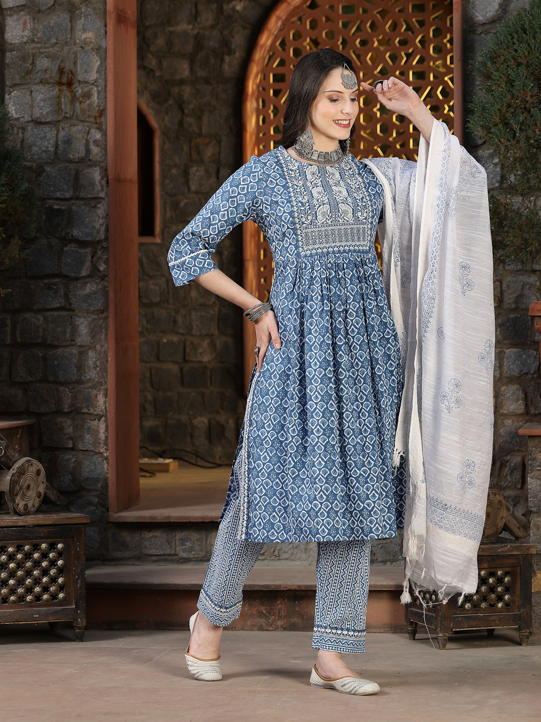 Stylum Women's Printed & Embroidered Cotton Naira Cut Kurta Pant Dupatta Set (KPDBLUEAVANGER)