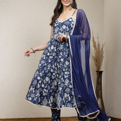 Stylum Women's Floral Printed Rayon Anarkali Kurta Pant Dupatta Set (KPDBLUEBAHAR)