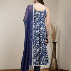 Stylum Women's Floral Printed Rayon Anarkali Kurta Pant Dupatta Set (KPDBLUEBAHAR)