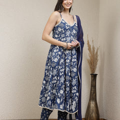 Stylum Women's Floral Printed Rayon Anarkali Kurta Pant Dupatta Set (KPDBLUEBAHAR)