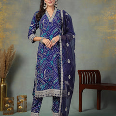 Stylum Women's Blue Bandhani Print & Embroidered Muslin Straight Kurta Pant Dupatta Set (KPDBLUEBANNO)