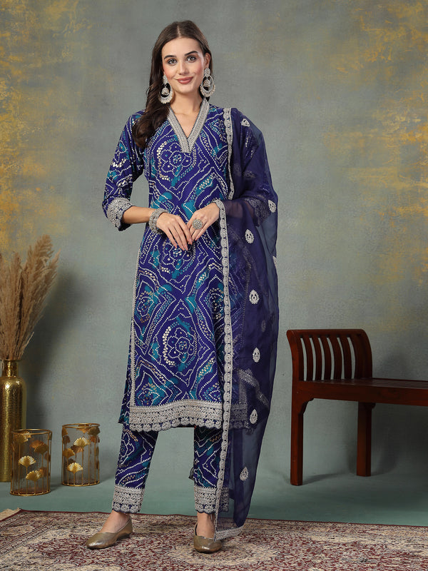 Stylum Women's Blue Bandhani Print & Embroidered Muslin Straight Kurta Pant Dupatta Set (KPDBLUEBANNO)