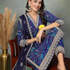 Stylum Women's Blue Bandhani Print & Embroidered Muslin Straight Kurta Pant Dupatta Set (KPDBLUEBANNO)
