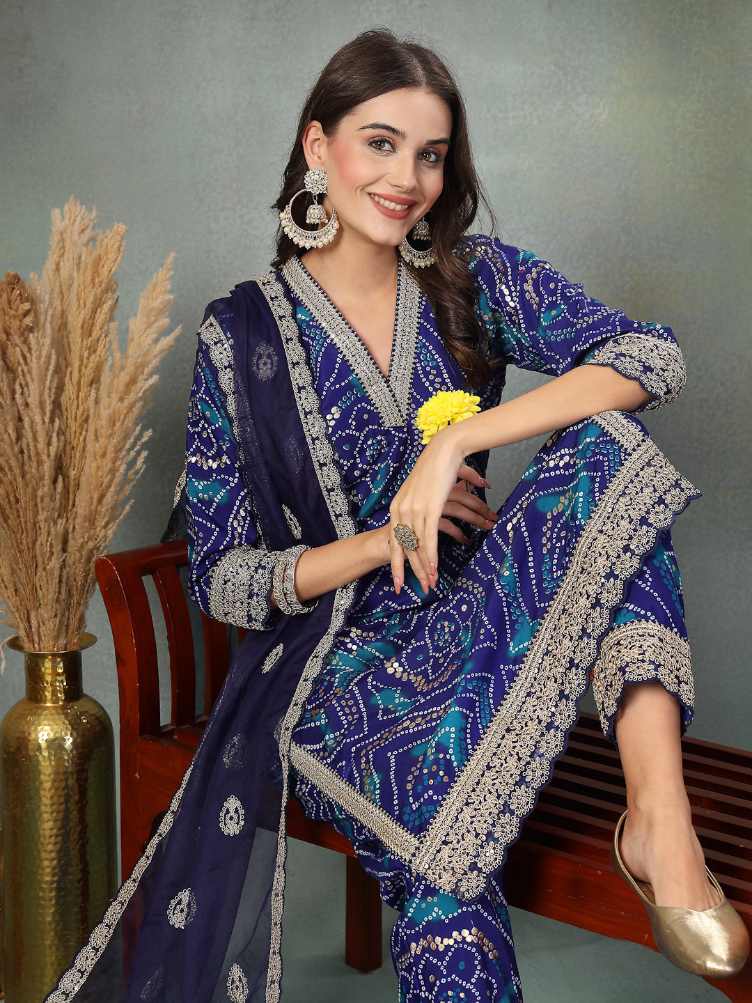 Stylum Women's Blue Bandhani Print & Embroidered Muslin Straight Kurta Pant Dupatta Set (KPDBLUEBANNO)