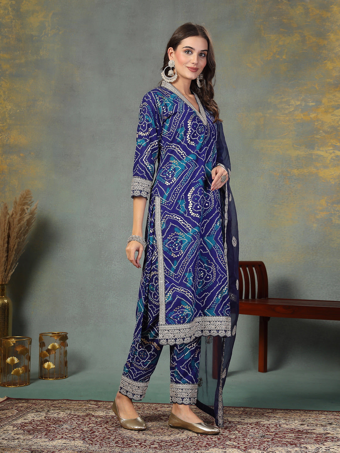 Stylum Women's Blue Bandhani Print & Embroidered Muslin Straight Kurta Pant Dupatta Set (KPDBLUEBANNO)