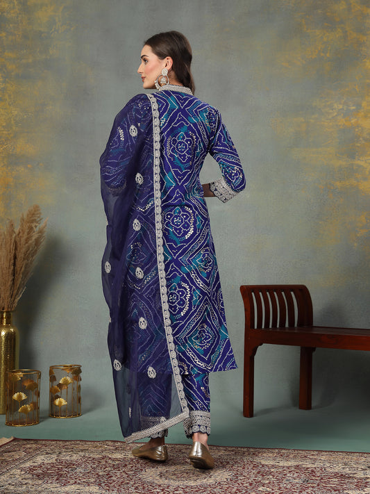 Stylum Women's Blue Bandhani Print & Embroidered Muslin Straight Kurta Pant Dupatta Set (KPDBLUEBANNO)