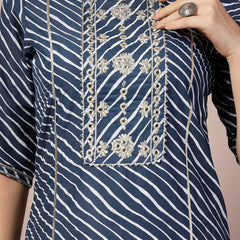 Stylum Women's Blue Lehariya Printed & Embroidered Cotton Straight Kurta Pant Dupatta Set (KPDBLUEBARKHA)