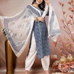 Stylum Women's Blue Lehariya Printed & Embroidered Cotton Straight Kurta Pant Dupatta Set (KPDBLUEBARKHA)