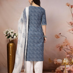 Stylum Women's Blue Lehariya Printed & Embroidered Cotton Straight Kurta Pant Dupatta Set (KPDBLUEBARKHA)