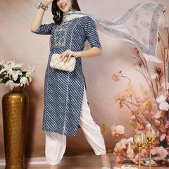Stylum Women's Blue Lehariya Printed & Embroidered Cotton Straight Kurta Pant Dupatta Set (KPDBLUEBARKHA)