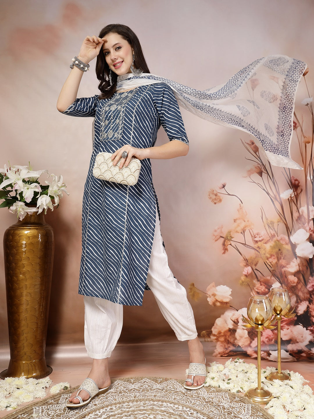 Stylum Women's Blue Lehariya Printed & Embroidered Cotton Straight Kurta Pant Dupatta Set (KPDBLUEBARKHA)