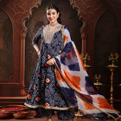 Stylum Women's Blue Bandhej Printed & Embroidered Crepe Flared Kurta Palazzo Dupatta Set (KPDBLUEBOONDI)