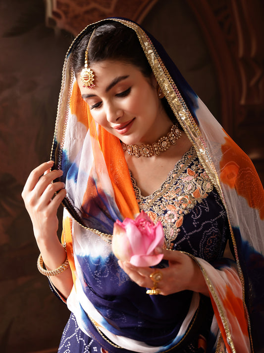 Stylum Women's Blue Bandhej Printed & Embroidered Crepe Flared Kurta Palazzo Dupatta Set (KPDBLUEBOONDI)