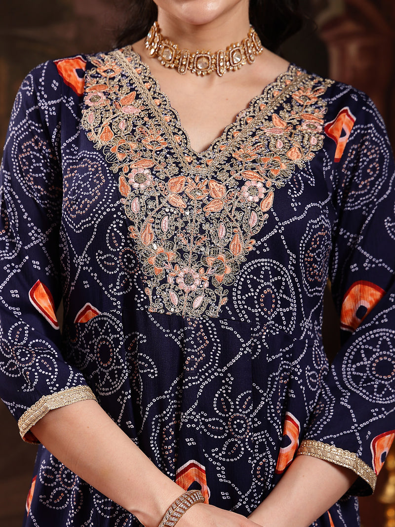 Stylum Women's Blue Bandhej Printed & Embroidered Crepe Flared Kurta Palazzo Dupatta Set (KPDBLUEBOONDI)