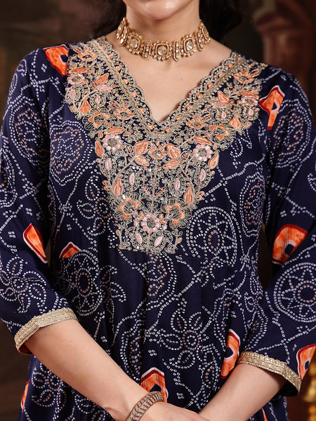 Stylum Women's Blue Bandhej Printed & Embroidered Crepe Flared Kurta Palazzo Dupatta Set (KPDBLUEBOONDI)
