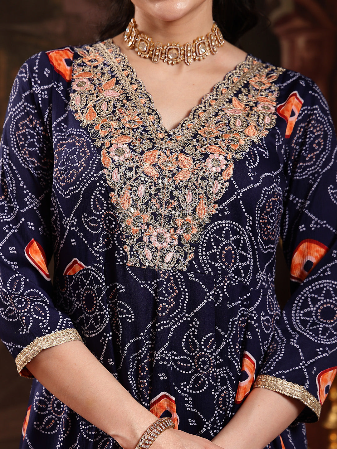 Stylum Women's Blue Bandhej Printed & Embroidered Crepe Flared Kurta Palazzo Dupatta Set (KPDBLUEBOONDI)