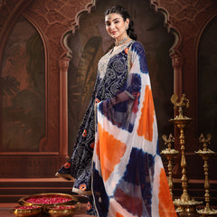 Stylum Women's Blue Bandhej Printed & Embroidered Crepe Flared Kurta Palazzo Dupatta Set (KPDBLUEBOONDI)