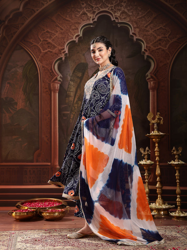 Stylum Women's Blue Bandhej Printed & Embroidered Crepe Flared Kurta Palazzo Dupatta Set (KPDBLUEBOONDI)