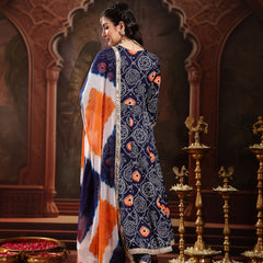 Stylum Women's Blue Bandhej Printed & Embroidered Crepe Flared Kurta Palazzo Dupatta Set (KPDBLUEBOONDI)