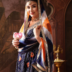 Stylum Women's Blue Bandhej Printed & Embroidered Crepe Flared Kurta Palazzo Dupatta Set (KPDBLUEBOONDI)