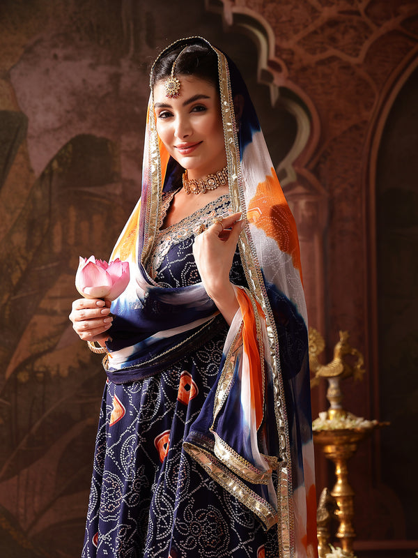 Stylum Women's Blue Bandhej Printed & Embroidered Crepe Flared Kurta Palazzo Dupatta Set (KPDBLUEBOONDI)