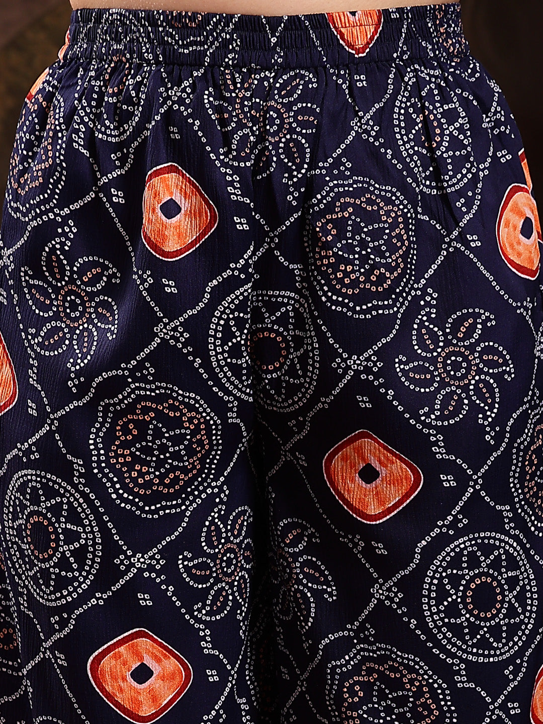 Stylum Women's Blue Bandhej Printed & Embroidered Crepe Flared Kurta Palazzo Dupatta Set (KPDBLUEBOONDI)