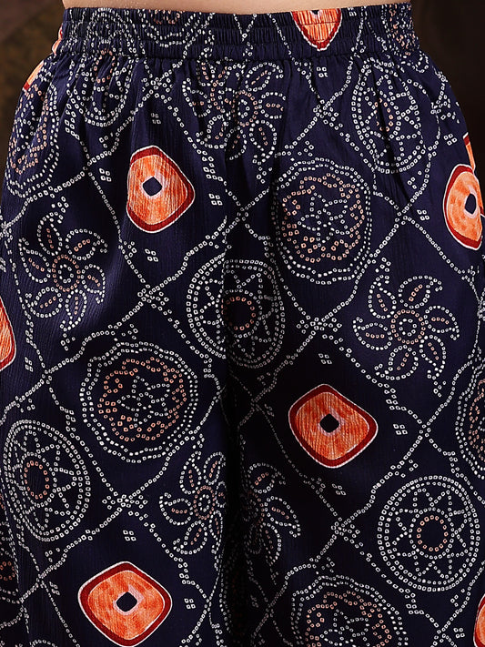 Stylum Women's Blue Bandhej Printed & Embroidered Crepe Flared Kurta Palazzo Dupatta Set (KPDBLUEBOONDI)