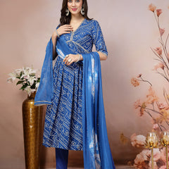 Stylum Women's Bandhej Printed Rayon Alia Cut Kurta Pant Dupatta Set (KPDBLUECHARLI)