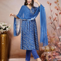 Stylum Women's Bandhej Printed Rayon Alia Cut Kurta Pant Dupatta Set (KPDBLUECHARLI)
