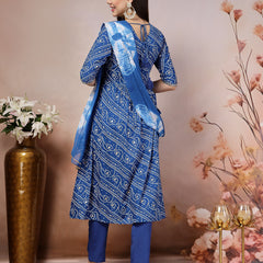 Stylum Women's Bandhej Printed Rayon Alia Cut Kurta Pant Dupatta Set (KPDBLUECHARLI)