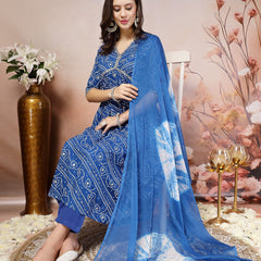 Stylum Women's Bandhej Printed Rayon Alia Cut Kurta Pant Dupatta Set (KPDBLUECHARLI)