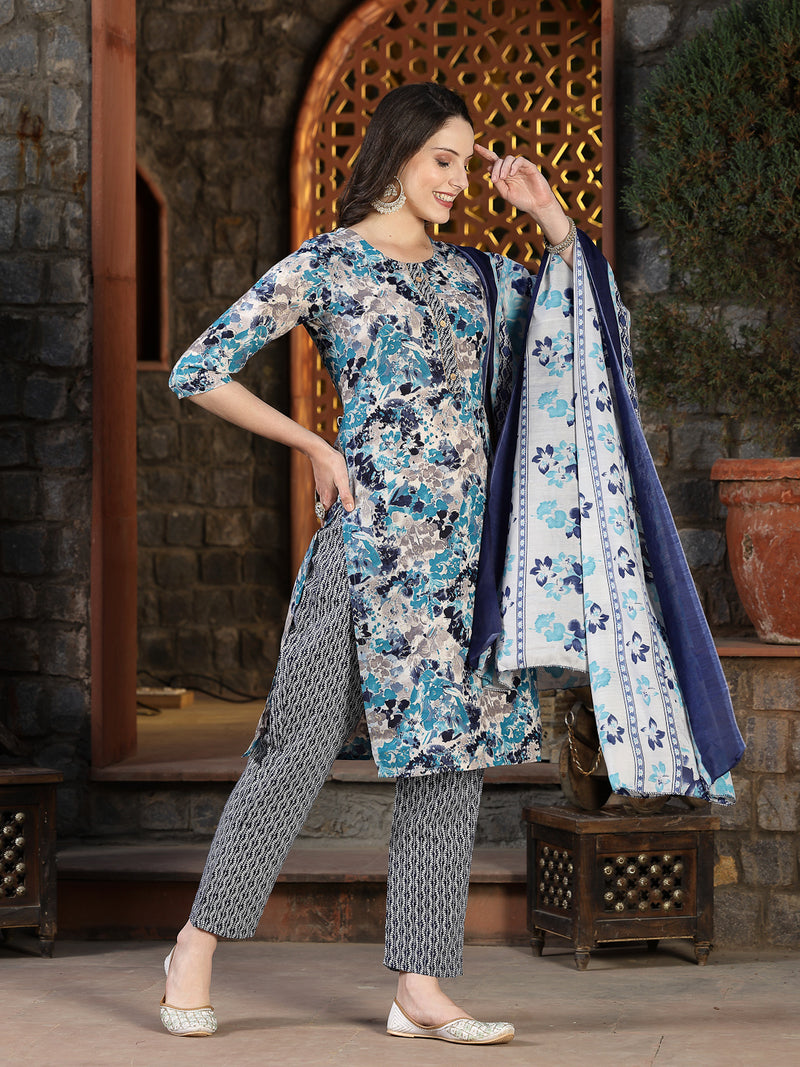 Stylum Women's Floral Printed Cotton Blend Straight Kurta Pant Dupatta Set (KPDBLUEDHOOM)