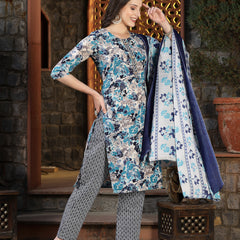 Stylum Women's Floral Printed Cotton Blend Straight Kurta Pant Dupatta Set (KPDBLUEDHOOM)