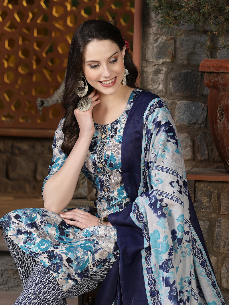 Stylum Women's Floral Printed Cotton Blend Straight Kurta Pant Dupatta Set (KPDBLUEDHOOM)
