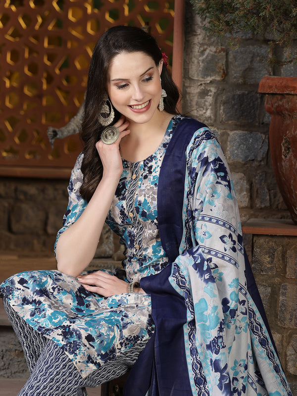 Stylum Women's Floral Printed Cotton Blend Straight Kurta Pant Dupatta Set (KPDBLUEDHOOM)