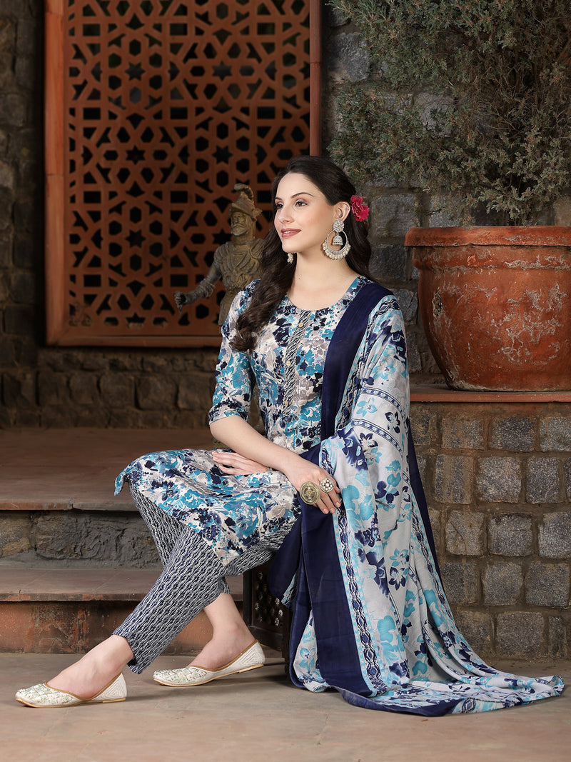 Stylum Women's Floral Printed Cotton Blend Straight Kurta Pant Dupatta Set (KPDBLUEDHOOM)