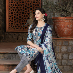 Stylum Women's Floral Printed Cotton Blend Straight Kurta Pant Dupatta Set (KPDBLUEDHOOM)