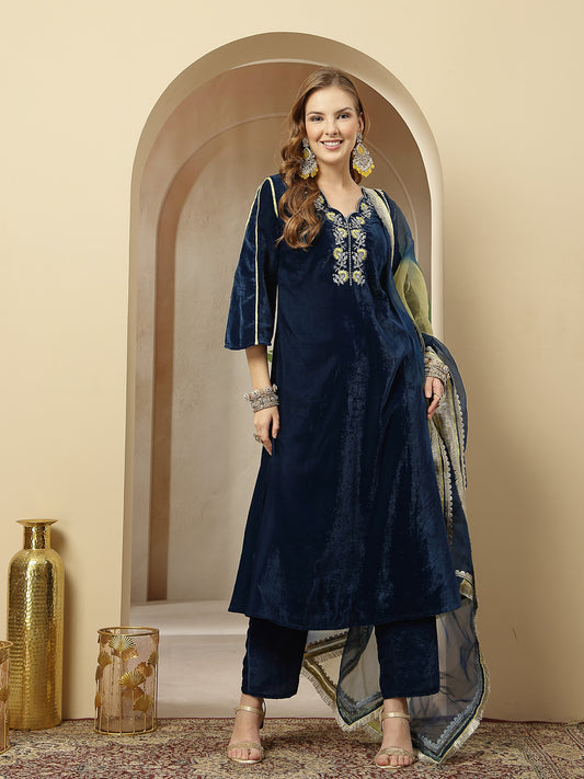 Stylum Women's Blue Solid & Embroidered Velvet A-Line Kurta Pant Dupatta Set (KPDBLUEDOLMU)