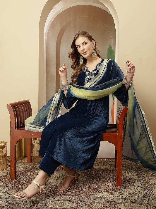 Stylum Women's Blue Solid & Embroidered Velvet A-Line Kurta Pant Dupatta Set (KPDBLUEDOLMU)