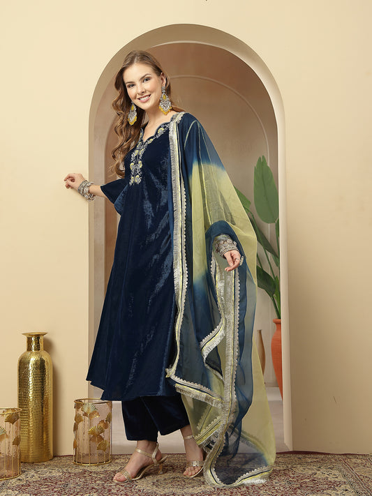Stylum Women's Blue Solid & Embroidered Velvet A-Line Kurta Pant Dupatta Set (KPDBLUEDOLMU)