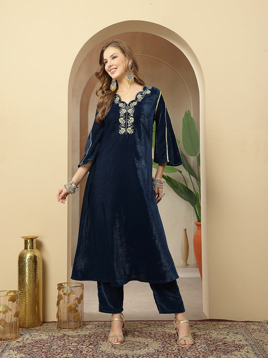Stylum Women's Blue Solid & Embroidered Velvet A-Line Kurta Pant Dupatta Set (KPDBLUEDOLMU)