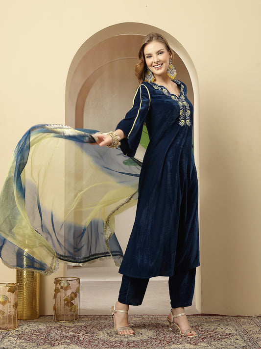 Stylum Women's Blue Solid & Embroidered Velvet A-Line Kurta Pant Dupatta Set (KPDBLUEDOLMU)