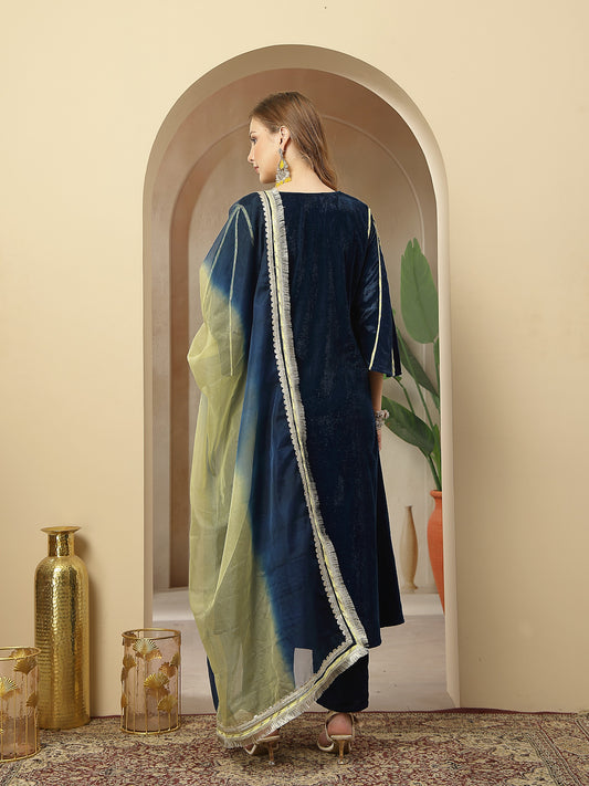 Stylum Women's Blue Solid & Embroidered Velvet A-Line Kurta Pant Dupatta Set (KPDBLUEDOLMU)