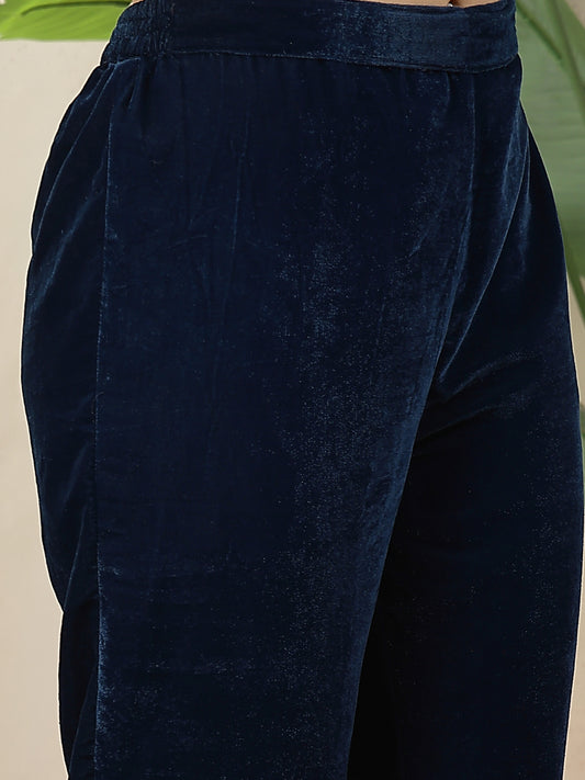 Stylum Women's Blue Solid & Embroidered Velvet A-Line Kurta Pant Dupatta Set (KPDBLUEDOLMU)
