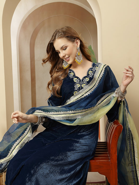 Stylum Women's Blue Solid & Embroidered Velvet A-Line Kurta Pant Dupatta Set (KPDBLUEDOLMU)