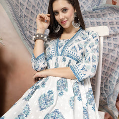 Stylum Women's White Ethnic Motif Printed Cotton A-Line Kurta Pant Dupatta Set (KPDBLUEDORAA)