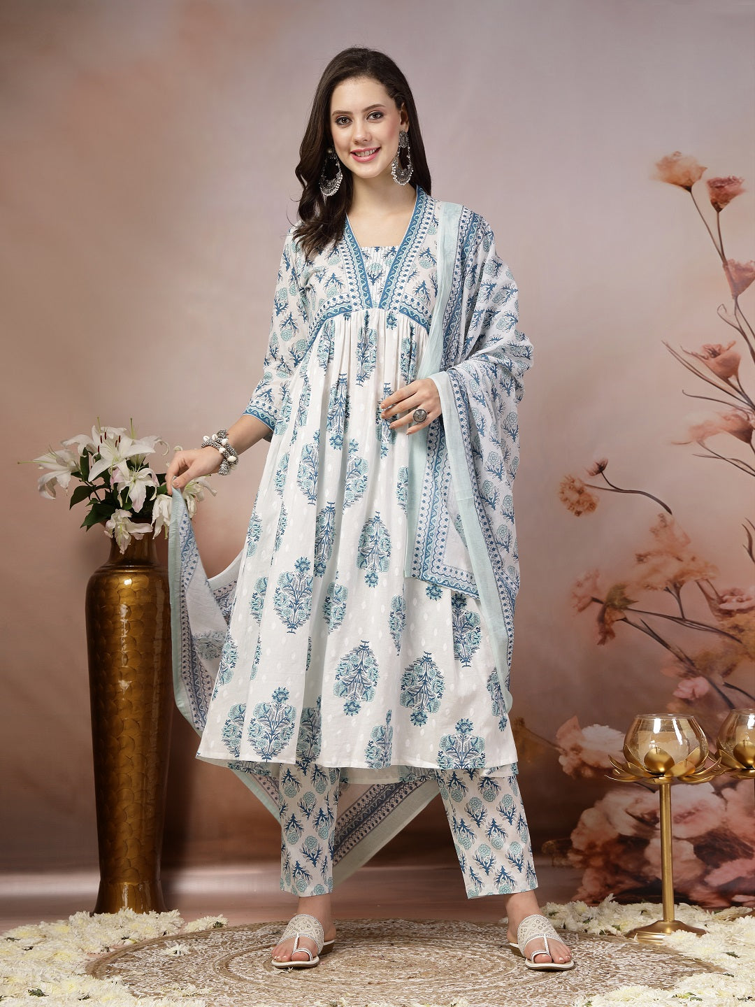 Kurta Set outlets For Women - Pure Cotton White & Blue Ethnic Motifs Printed Pleated A-Line Kurta With Trousers And Dupatta - Ethnic Indian Dress