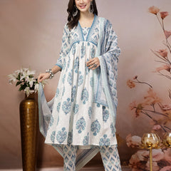 Stylum Women's White Ethnic Motif Printed Cotton A-Line Kurta Pant Dupatta Set (KPDBLUEDORAA)