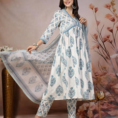 Stylum Women's White Ethnic Motif Printed Cotton A-Line Kurta Pant Dupatta Set (KPDBLUEDORAA)